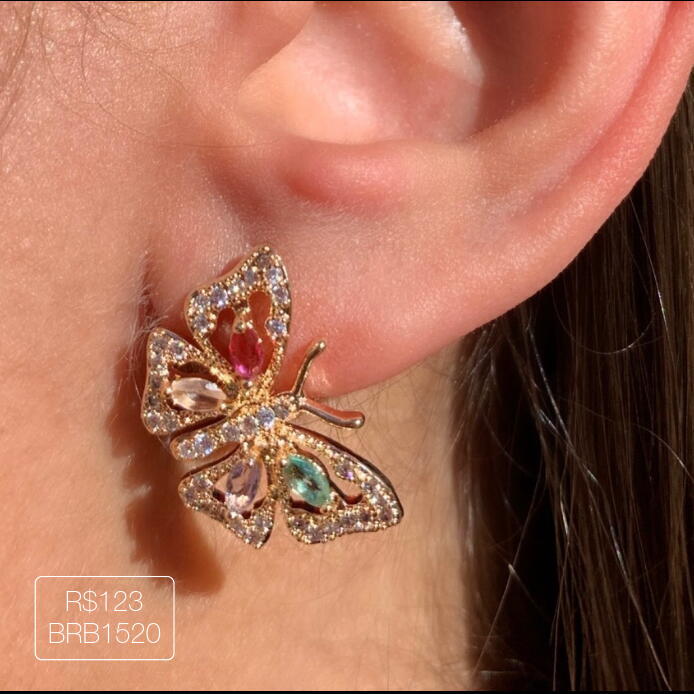 Brinco Borboleta Cravejado c/ 4 Navetes Rainbow Dourado